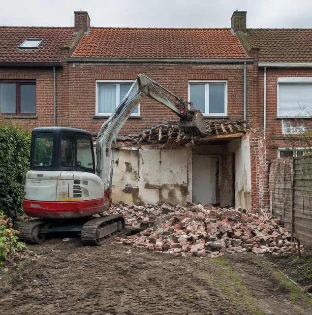 Afbraak van een achterbouw met een compacte graafmachine