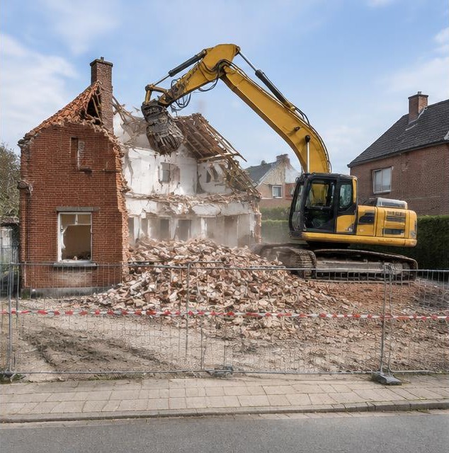 Graafmachine tijdens het afbreken van een woning
