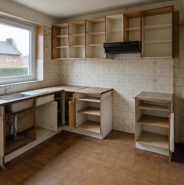 Oude keuken met gedeeltelijk gedemonteerde kasten