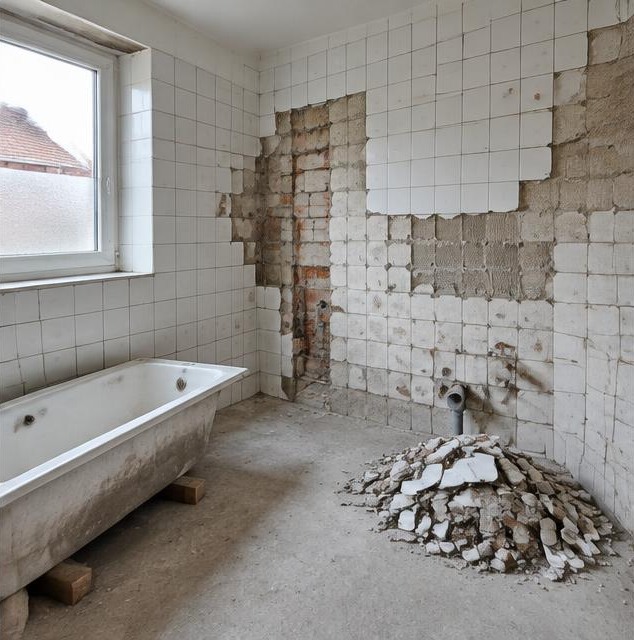 Badkamer tijdens het verwijderen van wandtegels