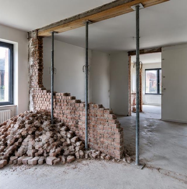 Gedeeltelijk uitgebroken muur met tijdelijke ondersteuning