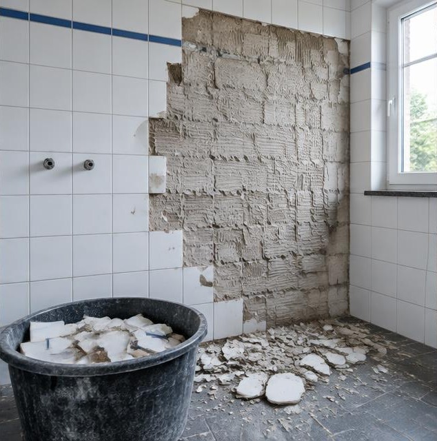 Wandtegels gedeeltelijk verwijderd in een badkamer