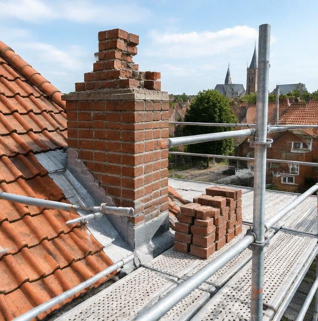 Gedeeltelijk afgebroken schoorsteen op een pannendak