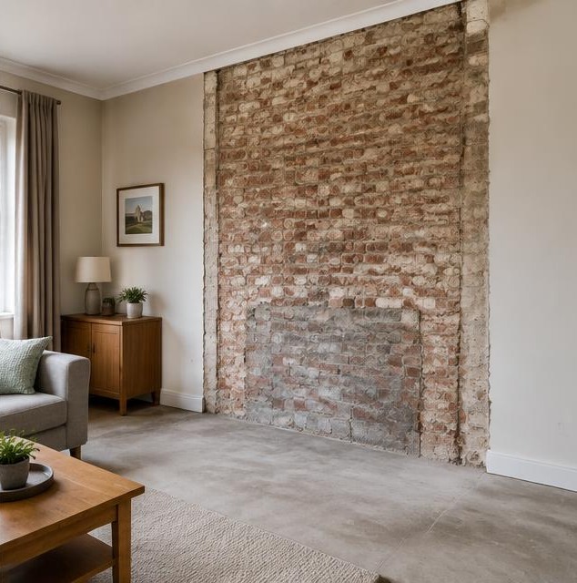Woonkamer met vrijgemaakte muur na het verwijderen van de schouw