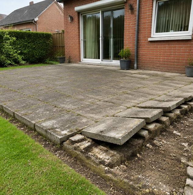 Terras met gedeeltelijk opgelichte betontegels