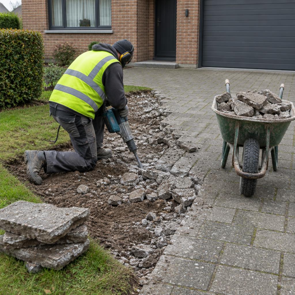 Compacte graafmachine bij het uitbreken van een oprit