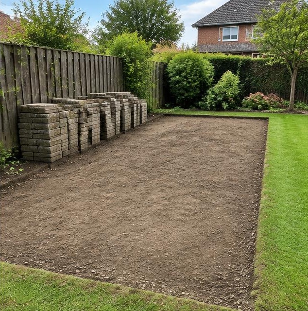 Vrijgemaakte tuinzone met gestapelde klinkers