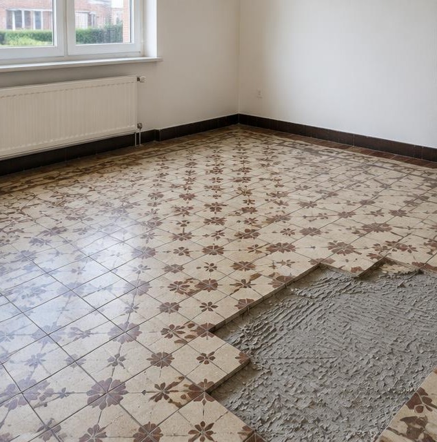 Tegelvloer met een gedeeltelijk uitgebroken hoek